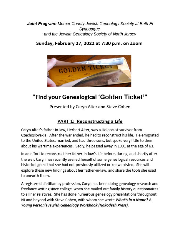Find Your Genealogical ‘Golden Ticket’ – On Zoom – Feb. 27 @7:30pm